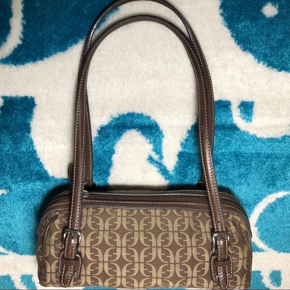Fossil Brown Satchel Monogram Pattern Print Small… - image 1